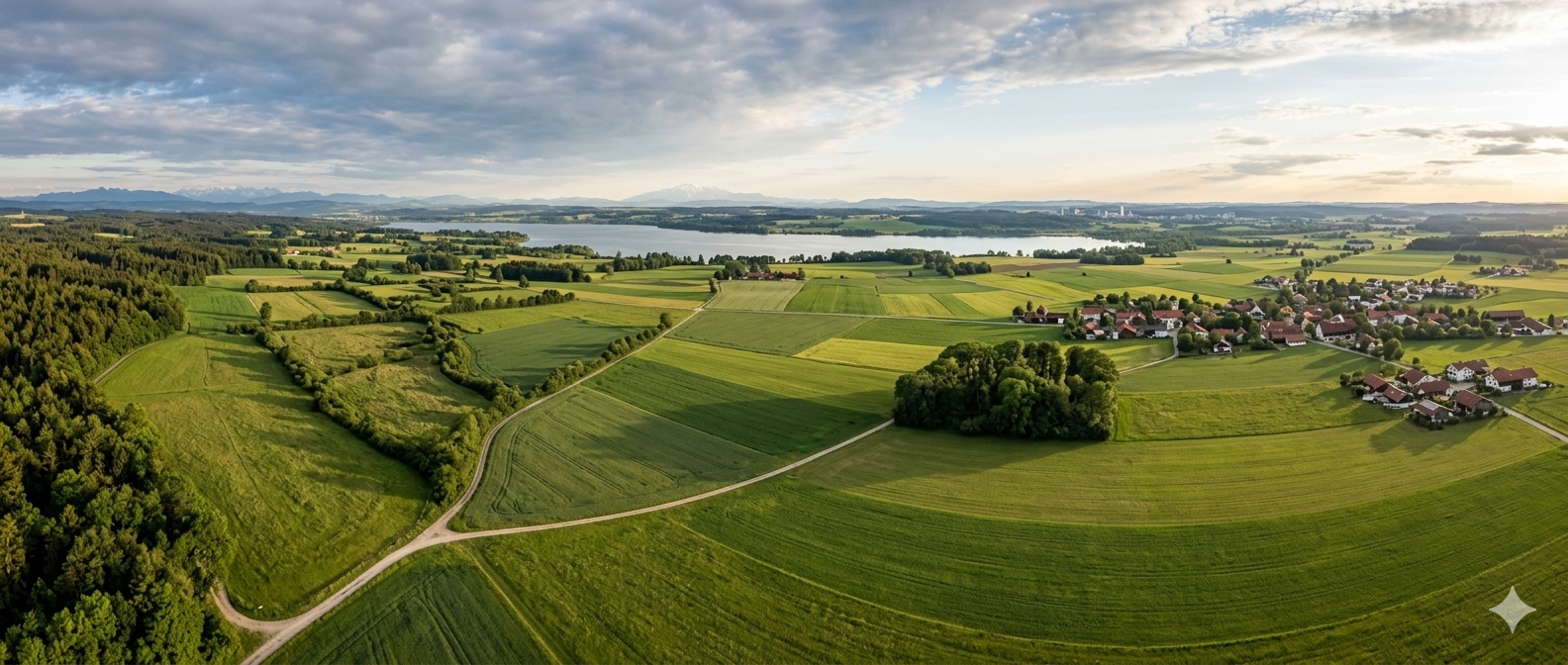 Oberbayerische Landschaft mit Wiesen und Bäumen im Abendlicht