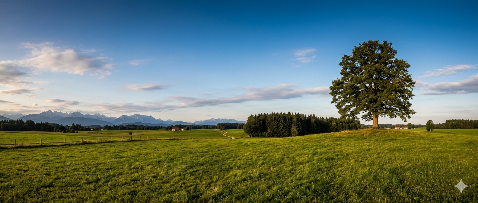 Familie besucht einen jungen Baum auf einer oberbayerischen Wiese