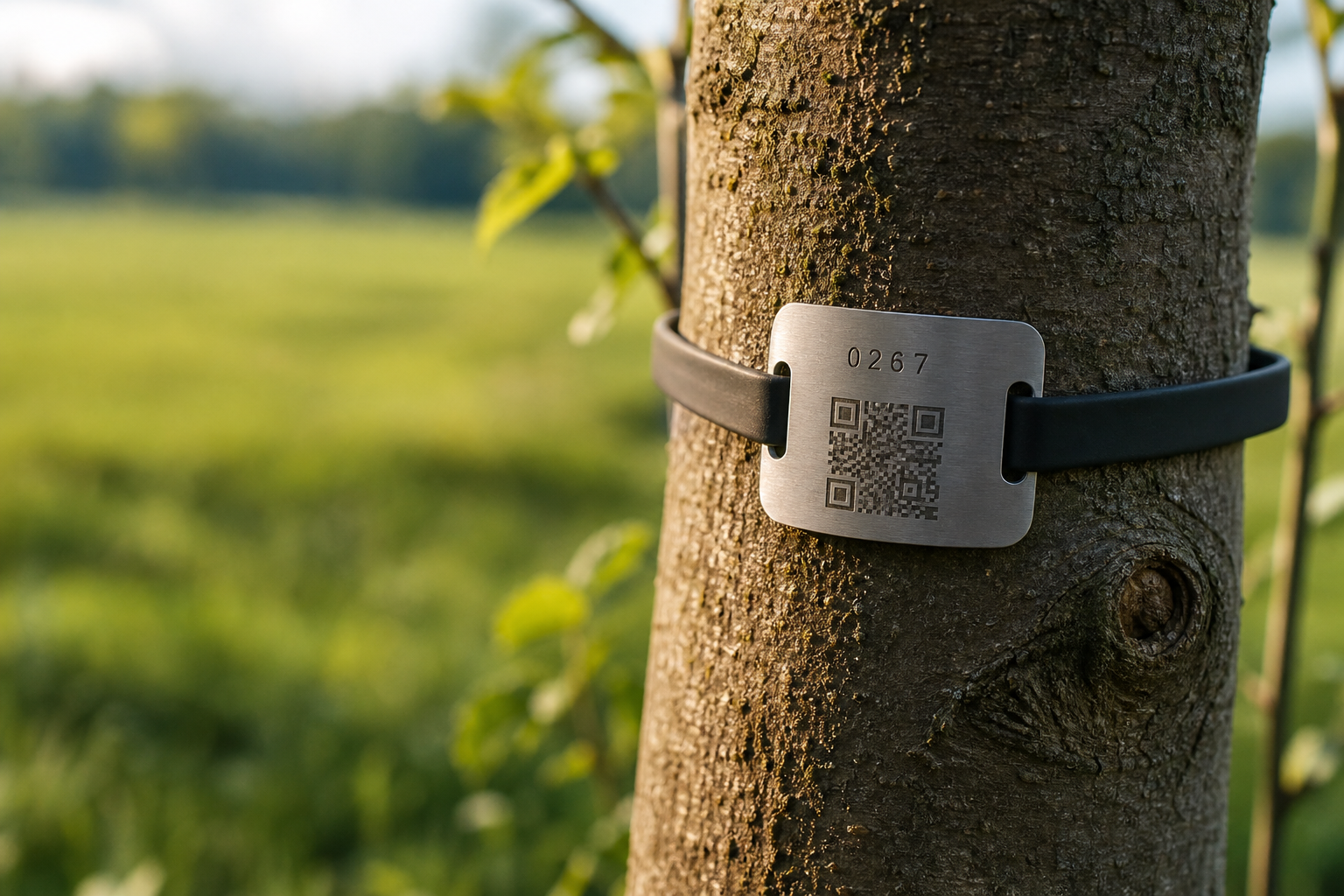 Metallplakette mit QR-Code an einem jungen Baum, befestigt mit flexiblem Band