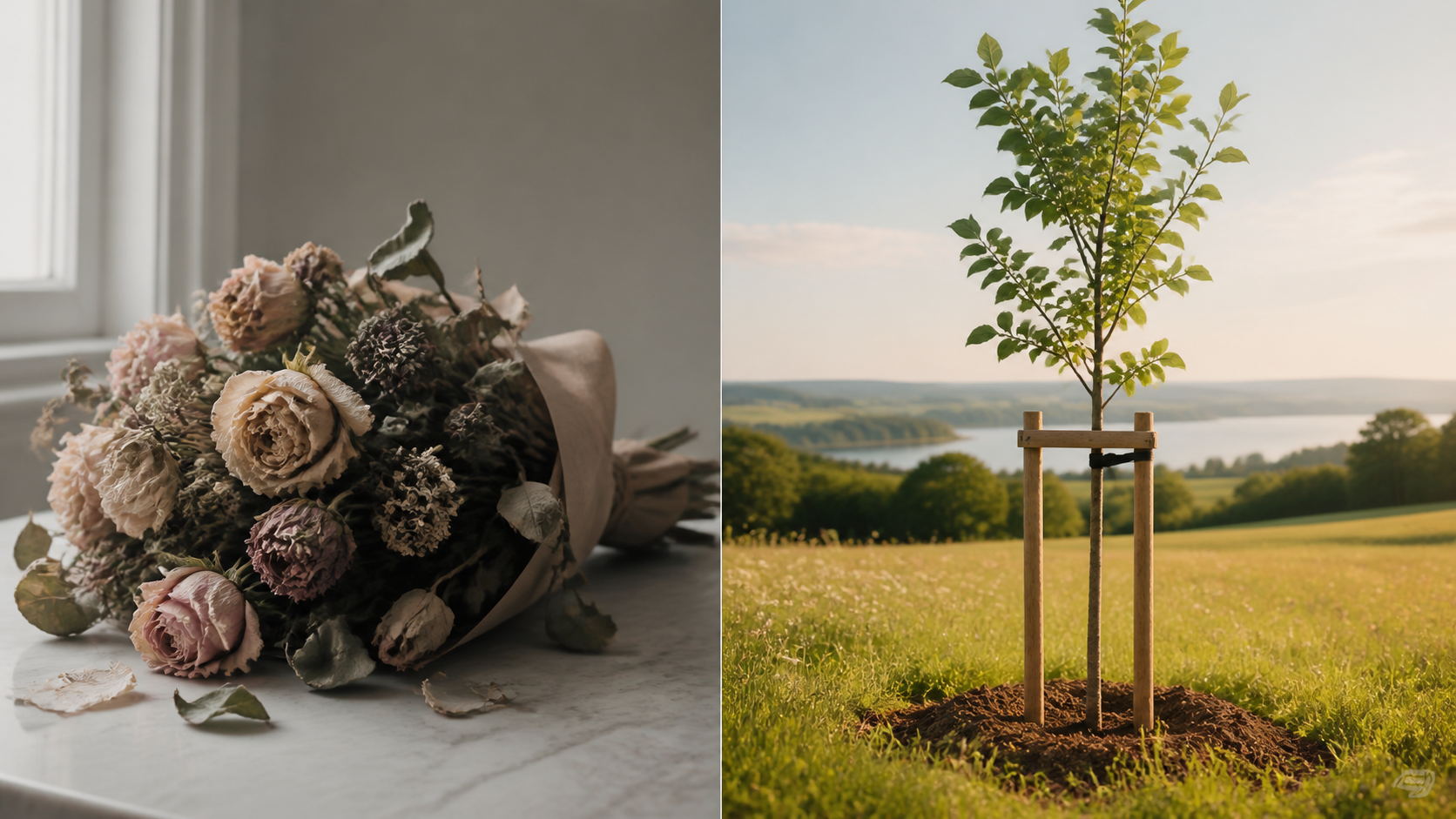 Vergleich zwischen verwelkten Blumen und einem jungen gepflanzten Baum